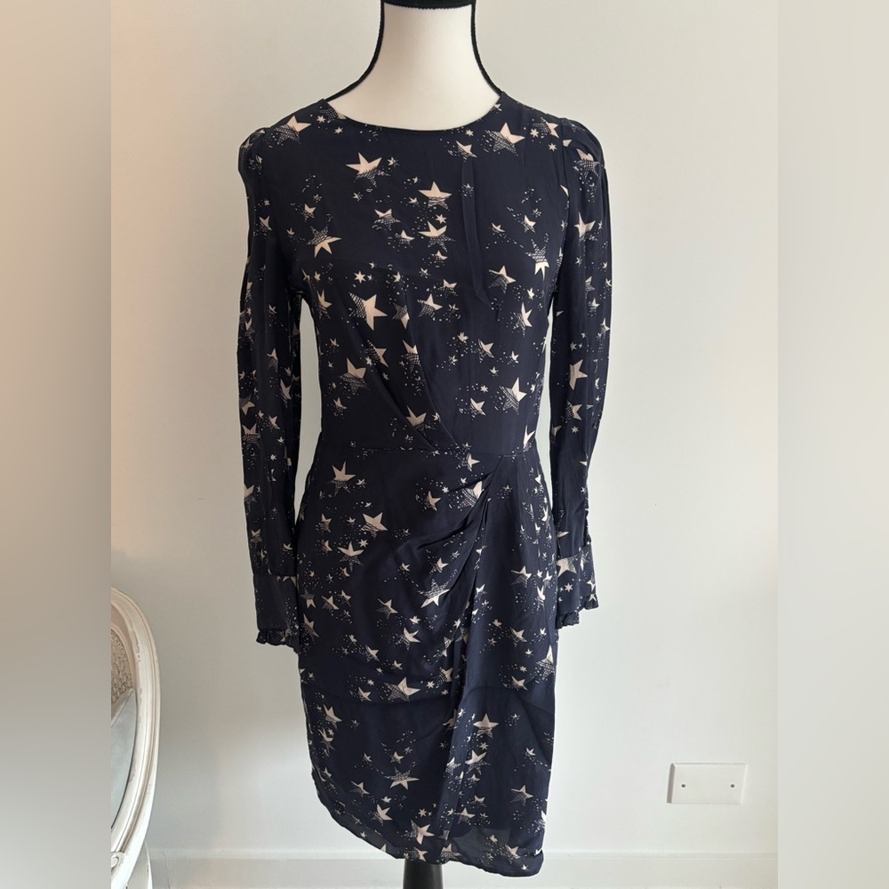 Tara Jarmon Navy and White Star Long Sleeve Silk Dress